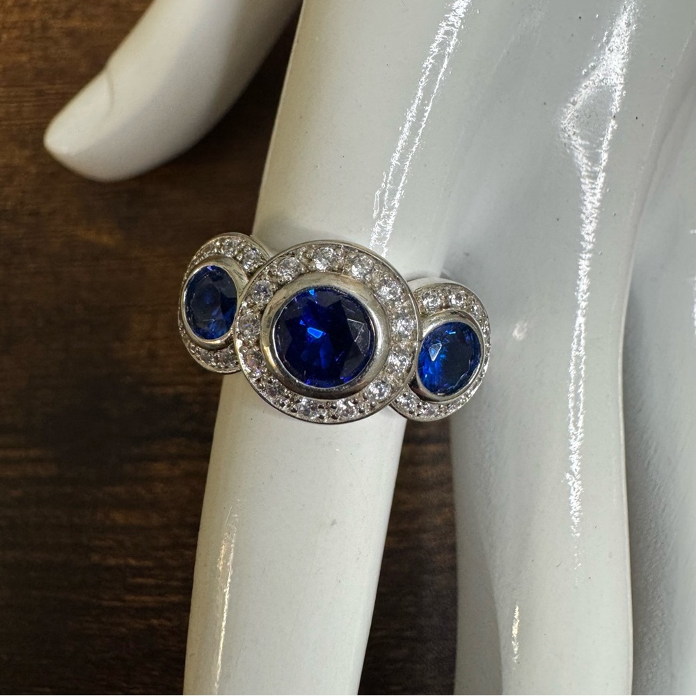 Silver Ring with Blue Sapphire Zirconia Halo